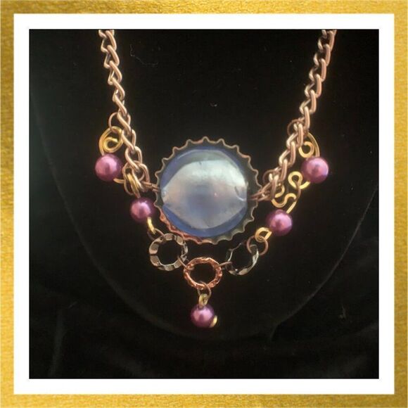 COPY - HAND CRAFTED Upcycled BOTTLE CAP Glass PENDANT Mixed Metal NECKLACE - Picture 1 of 1
